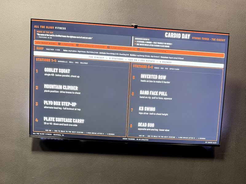 The workout board on the gym TV showing today's stations